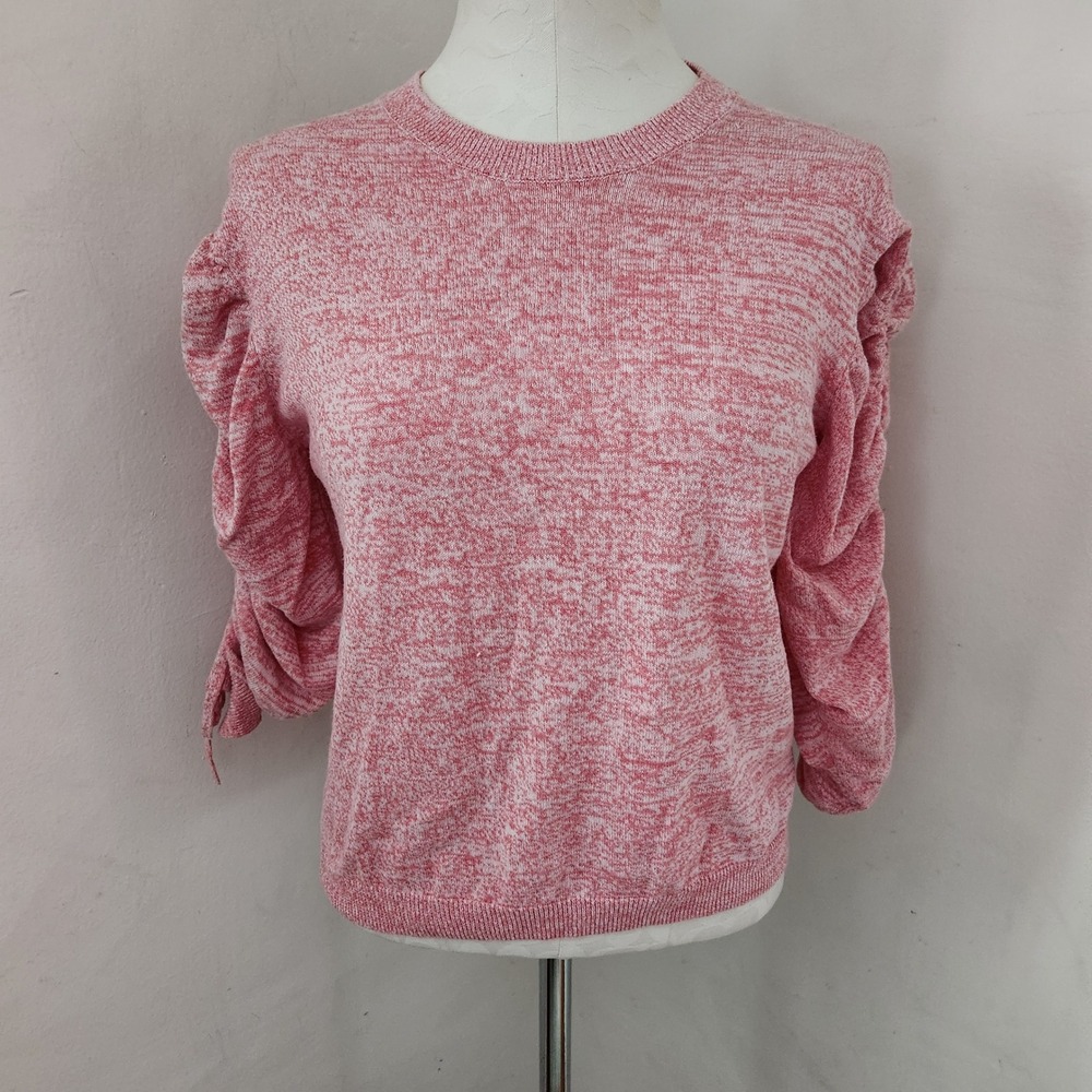 One Grey‎ Day Pink Space Dye Ruched Puff Sleeve Sweater Small Tie Cuff Marl Knit